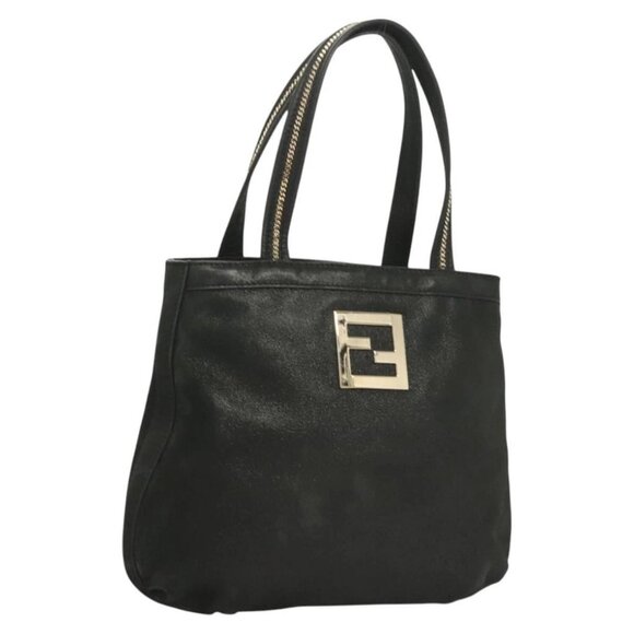 FENDI Tote Bag Leather Black Gold Auth gh135 - Picture 1 of 16